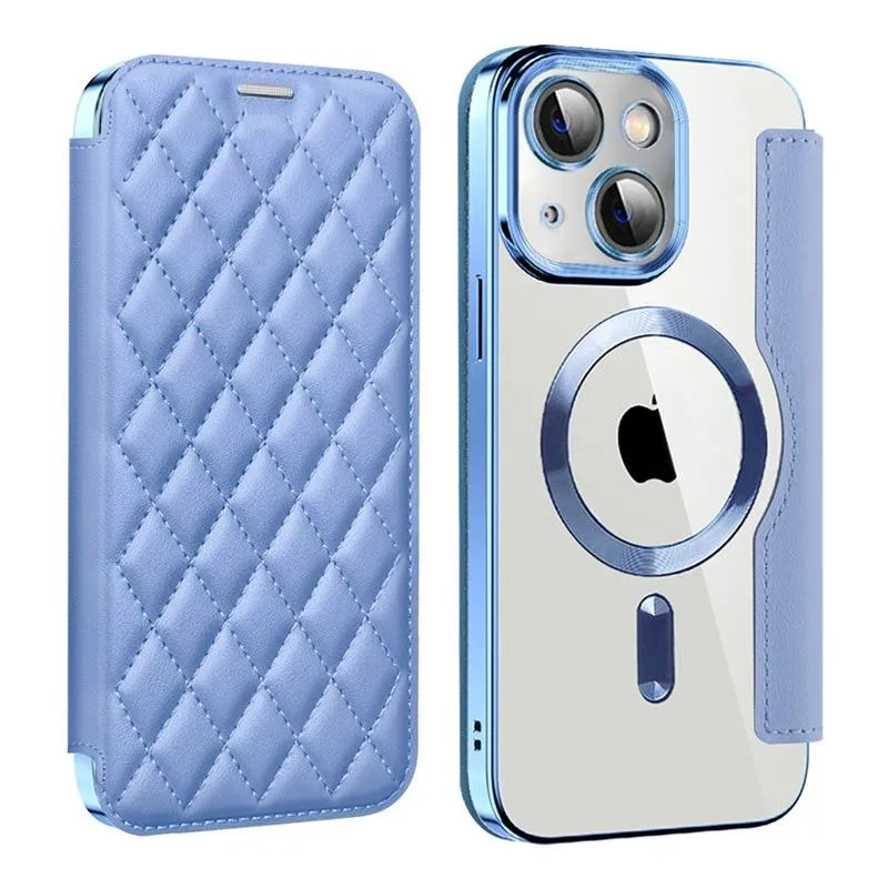 For Iphone 15 Shield Magsafe Rfid Anti-Theft Rhombus Leather Phone Case