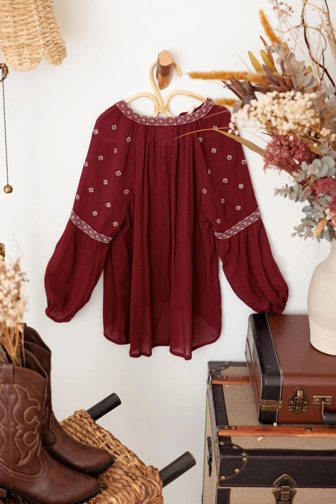 Girls Ethnic Boho Embroidered Front Tie Top