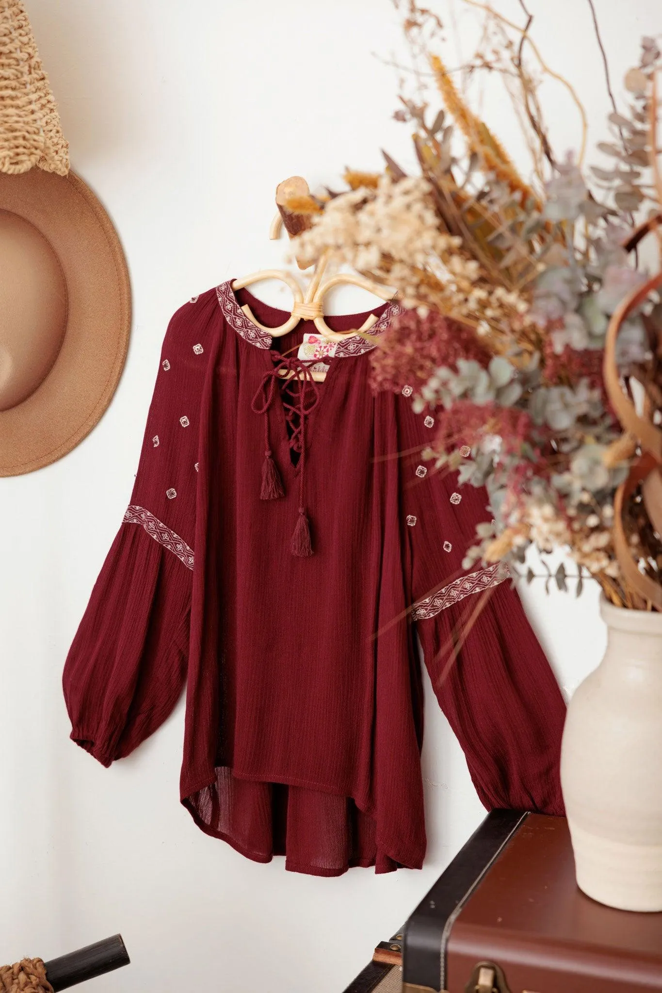 Girls Ethnic Boho Embroidered Front Tie Top