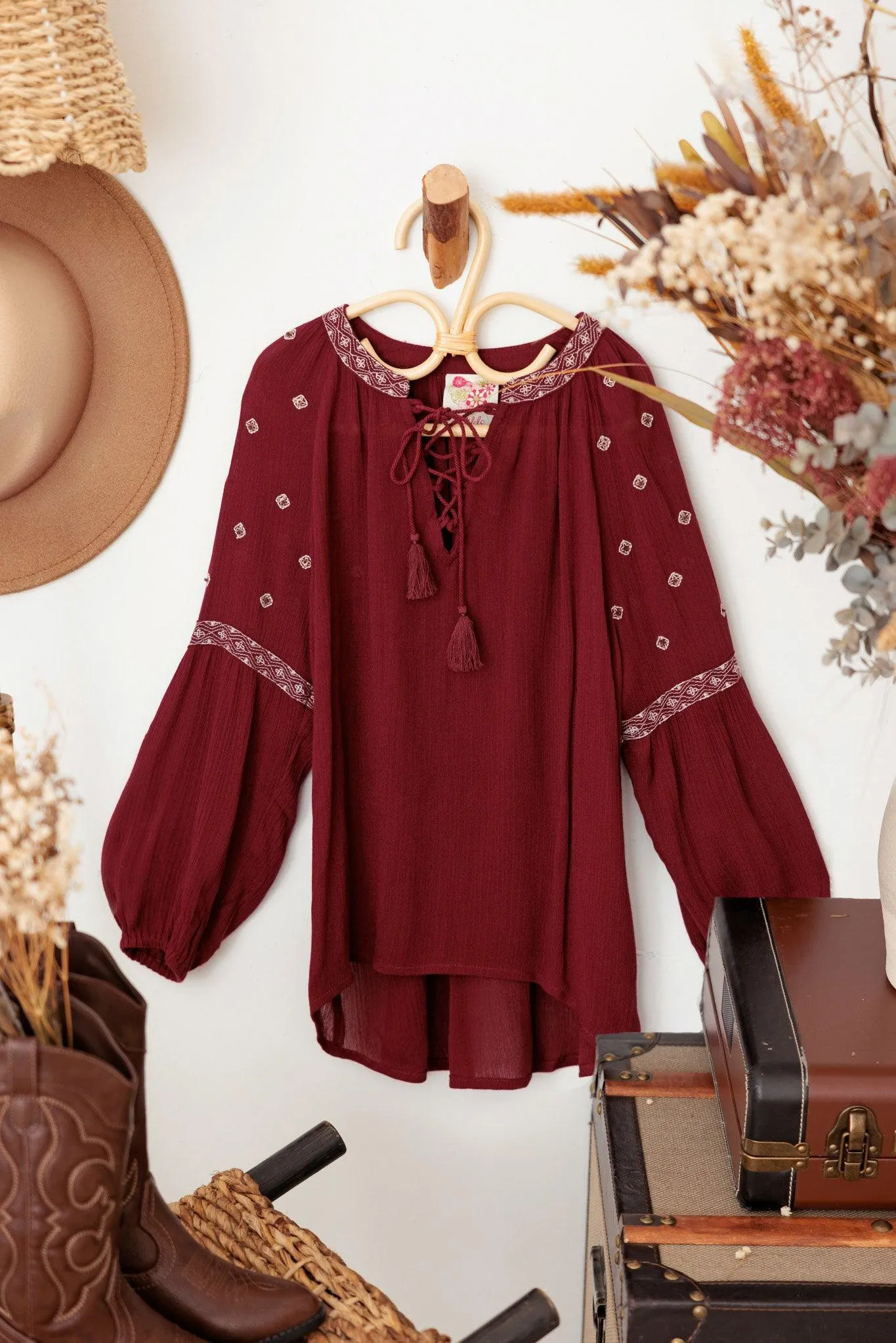 Girls Ethnic Boho Embroidered Front Tie Top