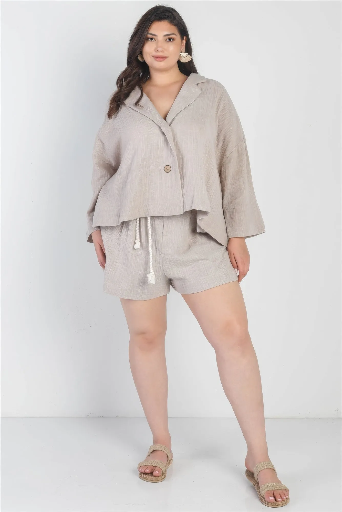 Grey Button-up Blazer High Waist Shorts Set