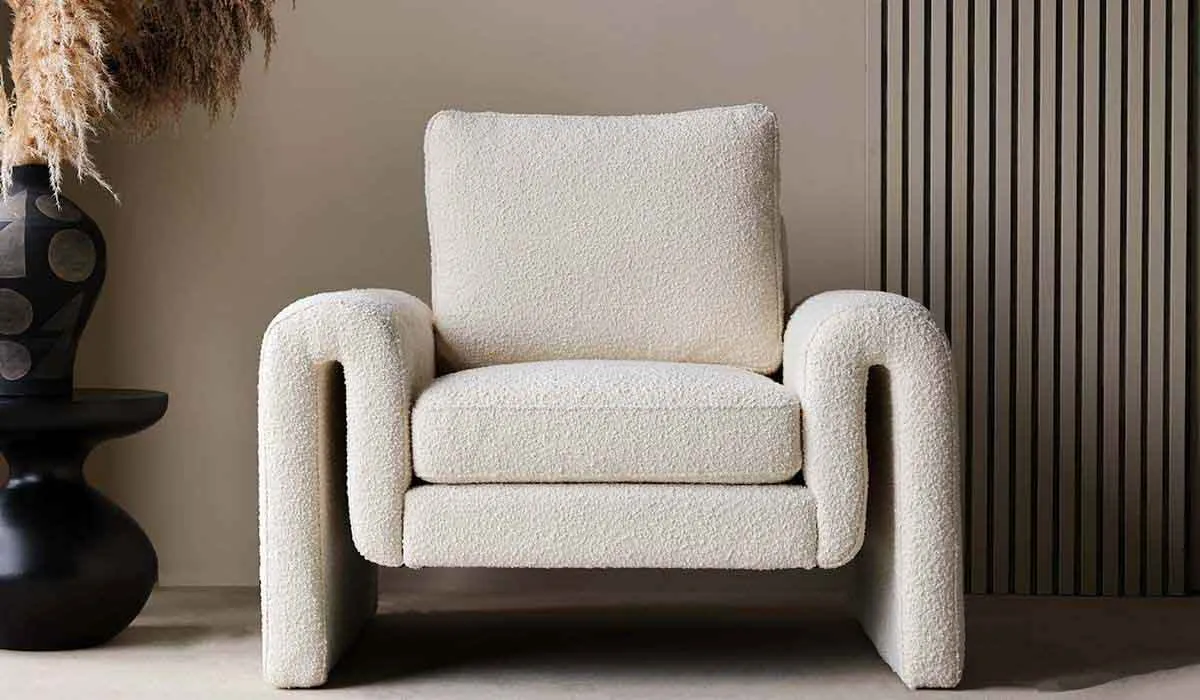 Ivory Boucle Fabric Curved Arm Armchair