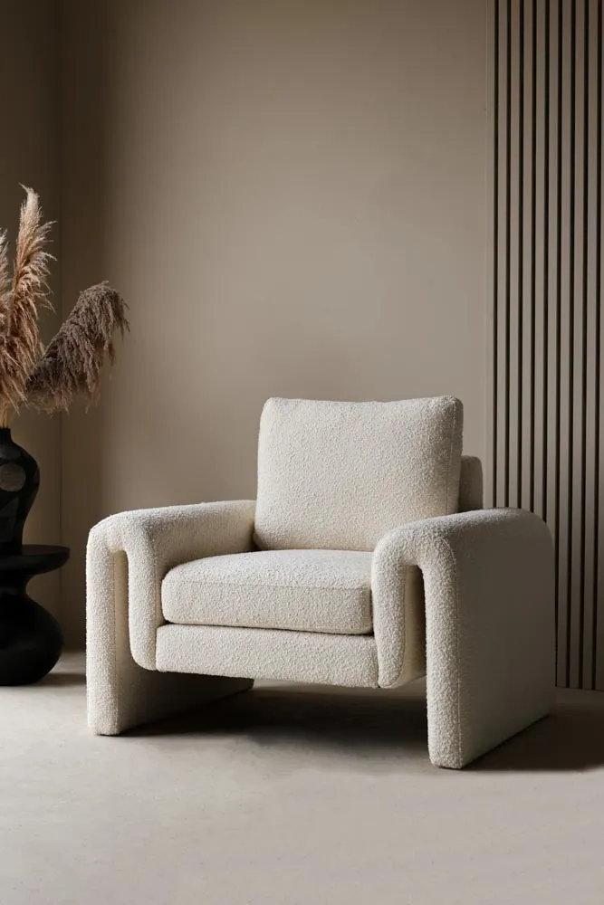Ivory Boucle Fabric Curved Arm Armchair