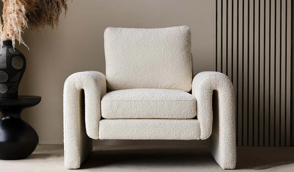 Ivory Boucle Fabric Curved Arm Armchair