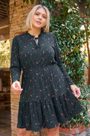 Junior Plus Forest Green Paisley Print Long Sleeve Elasticated Waist Self-Tie Mock Neck Mini Dress /2-2-1