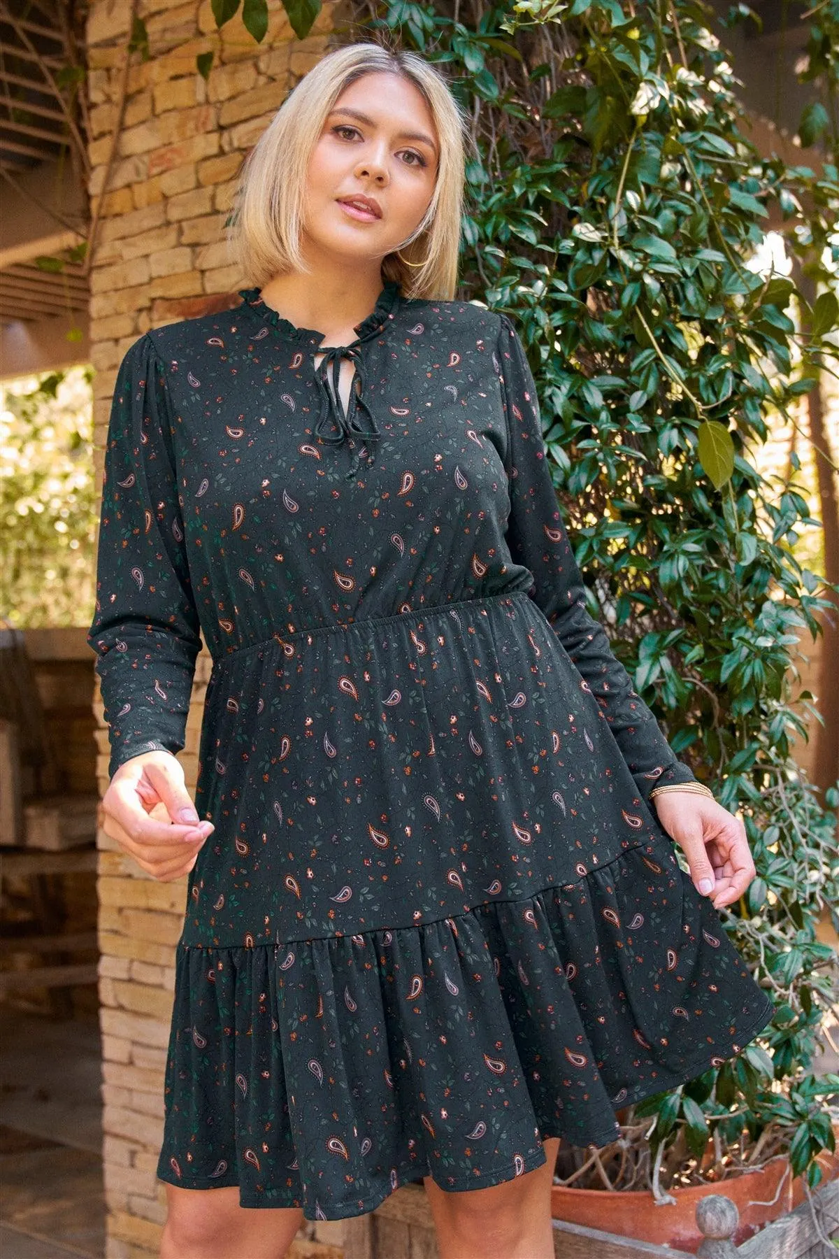 Junior Plus Forest Green Paisley Print Long Sleeve Elasticated Waist Self-Tie Mock Neck Mini Dress /2-2-1