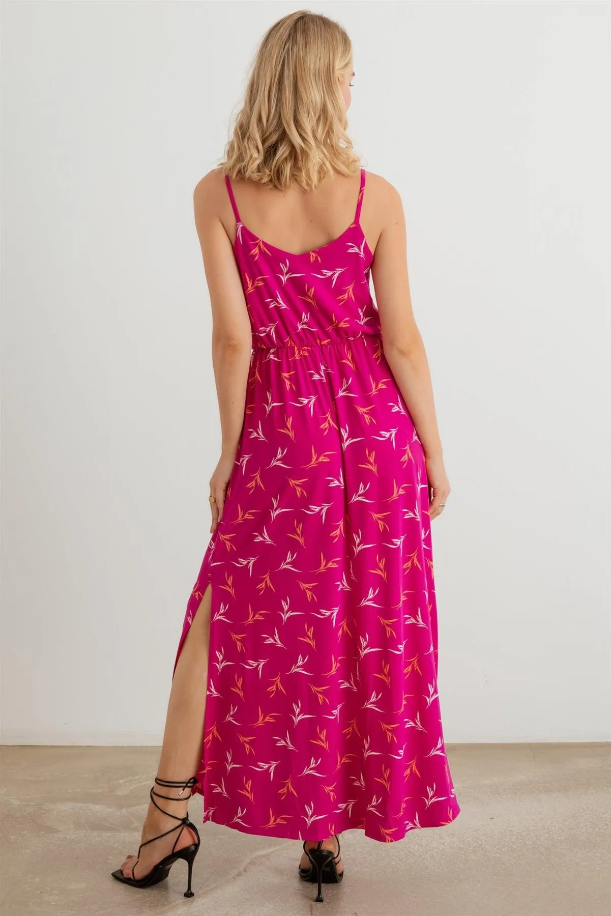 Leaf Print Sleeveless Elastic Waist Maxi Dress