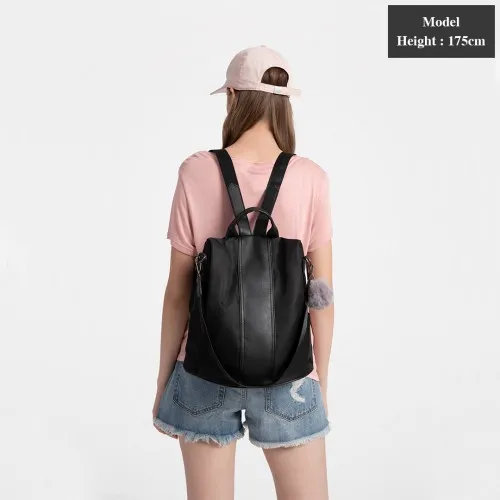 Miss Lulu Two Way Backpack Shoulder Bag with Pom Pom Pendant - Black | Versatile & Stylish