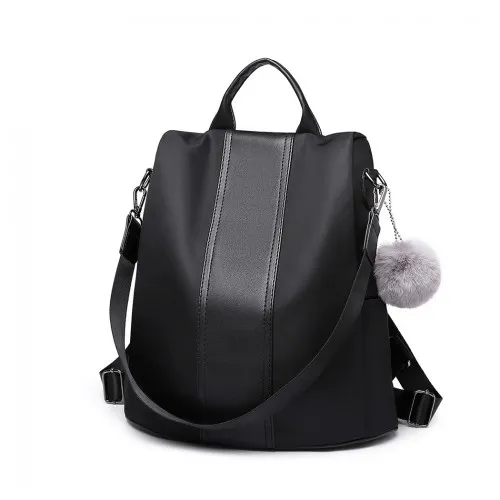 Miss Lulu Two Way Backpack Shoulder Bag with Pom Pom Pendant - Black | Versatile & Stylish