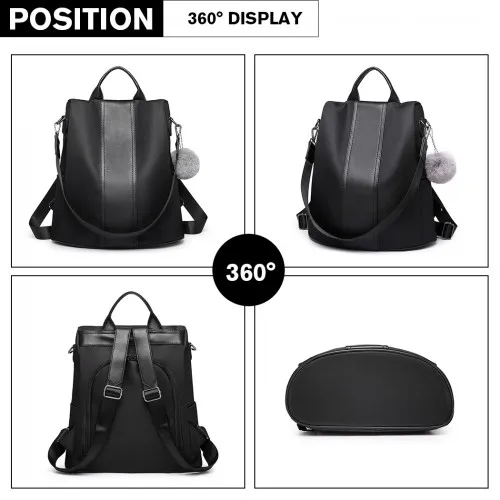 Miss Lulu Two Way Backpack Shoulder Bag with Pom Pom Pendant - Black | Versatile & Stylish