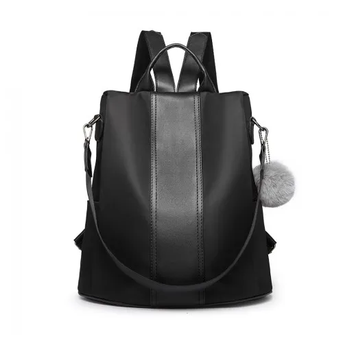 Miss Lulu Two Way Backpack Shoulder Bag with Pom Pom Pendant - Black | Versatile & Stylish