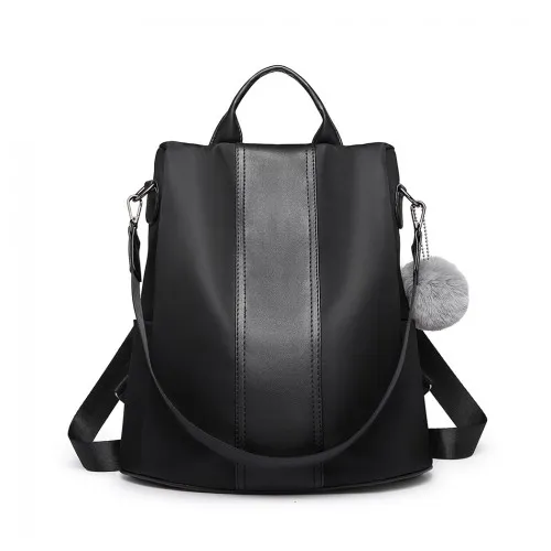 Miss Lulu Two Way Backpack Shoulder Bag with Pom Pom Pendant - Black | Versatile & Stylish