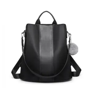 Miss Lulu Two Way Backpack Shoulder Bag with Pom Pom Pendant - Black | Versatile & Stylish