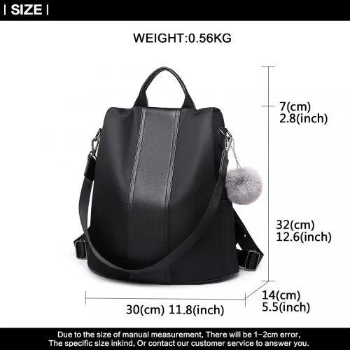 Miss Lulu Two Way Backpack Shoulder Bag with Pom Pom Pendant - Black | Versatile & Stylish