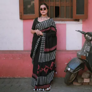 Mulmul Cotton Printed Saree With Blouse Fabric | Bagru Handblock Print | Retro Black