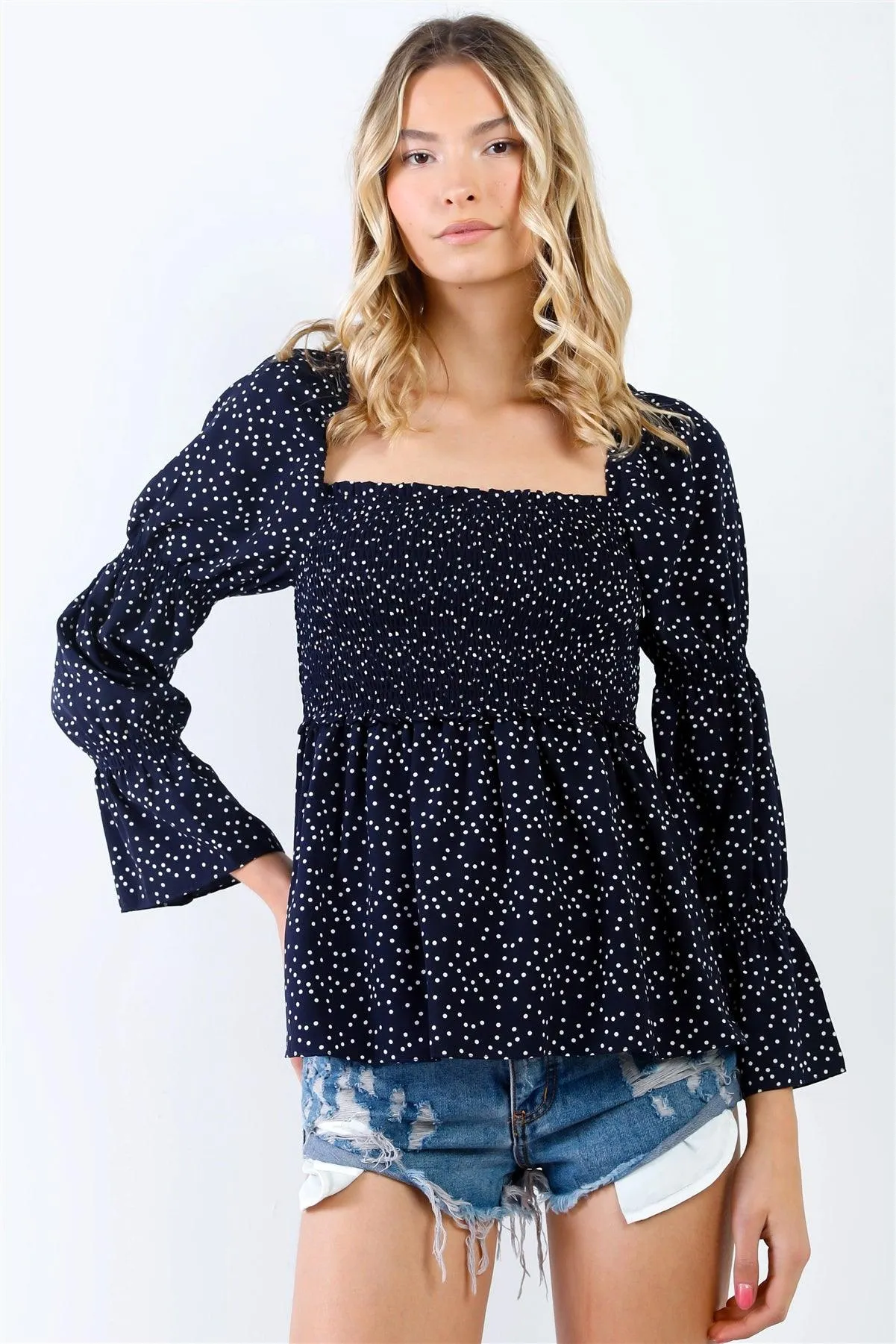 Navy Long Sleeve Polka Dot Smocked Peasant Top
