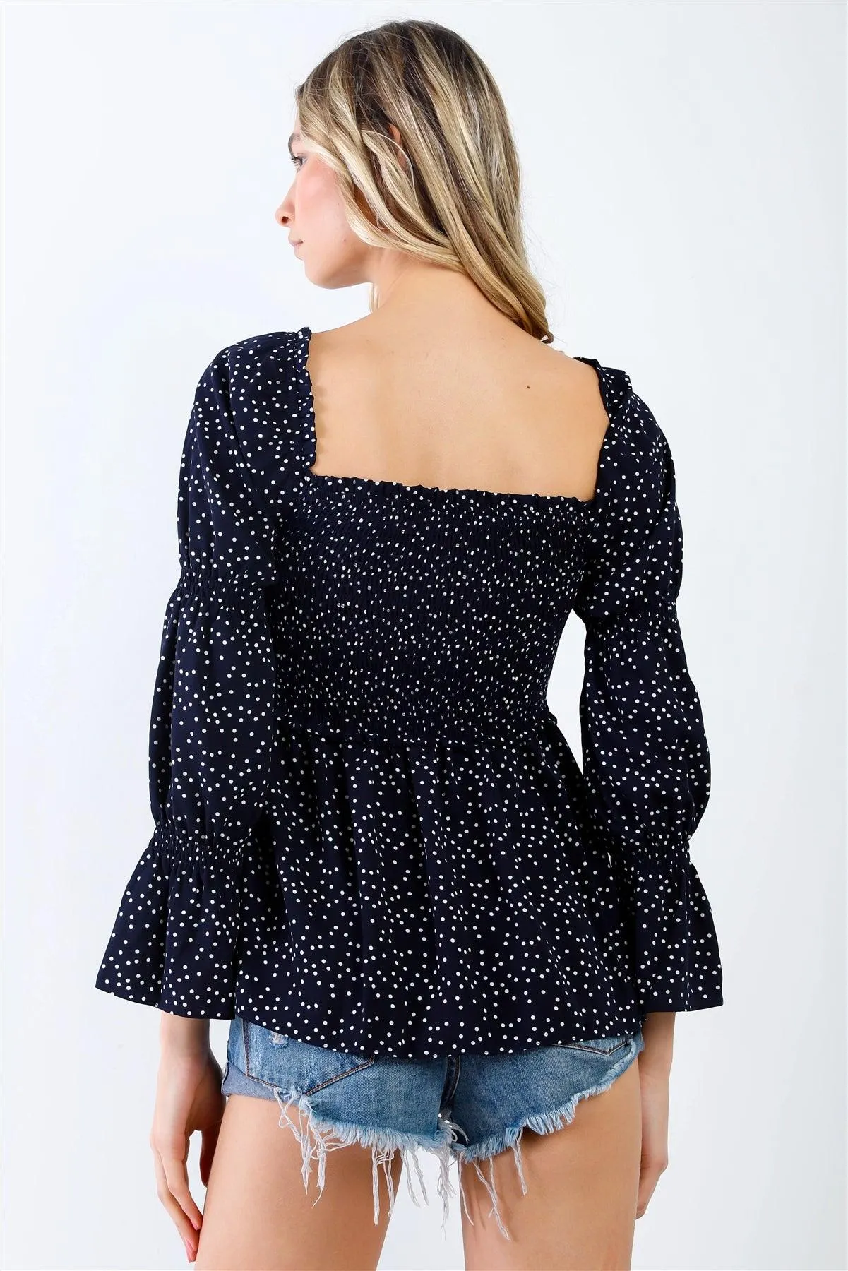 Navy Long Sleeve Polka Dot Smocked Peasant Top