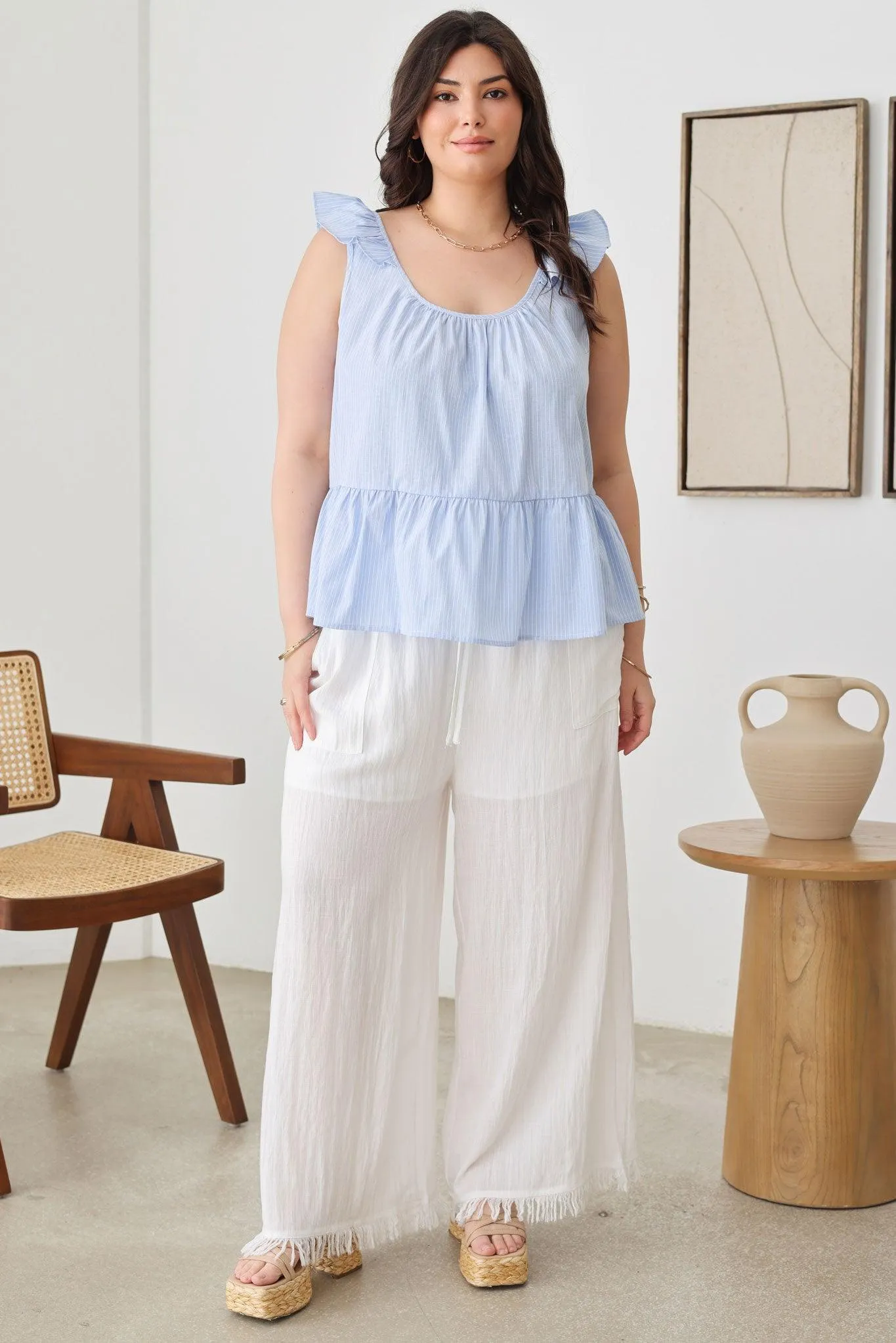 Plus Size Boho Striped Ruffle Shoulder Hemline Top