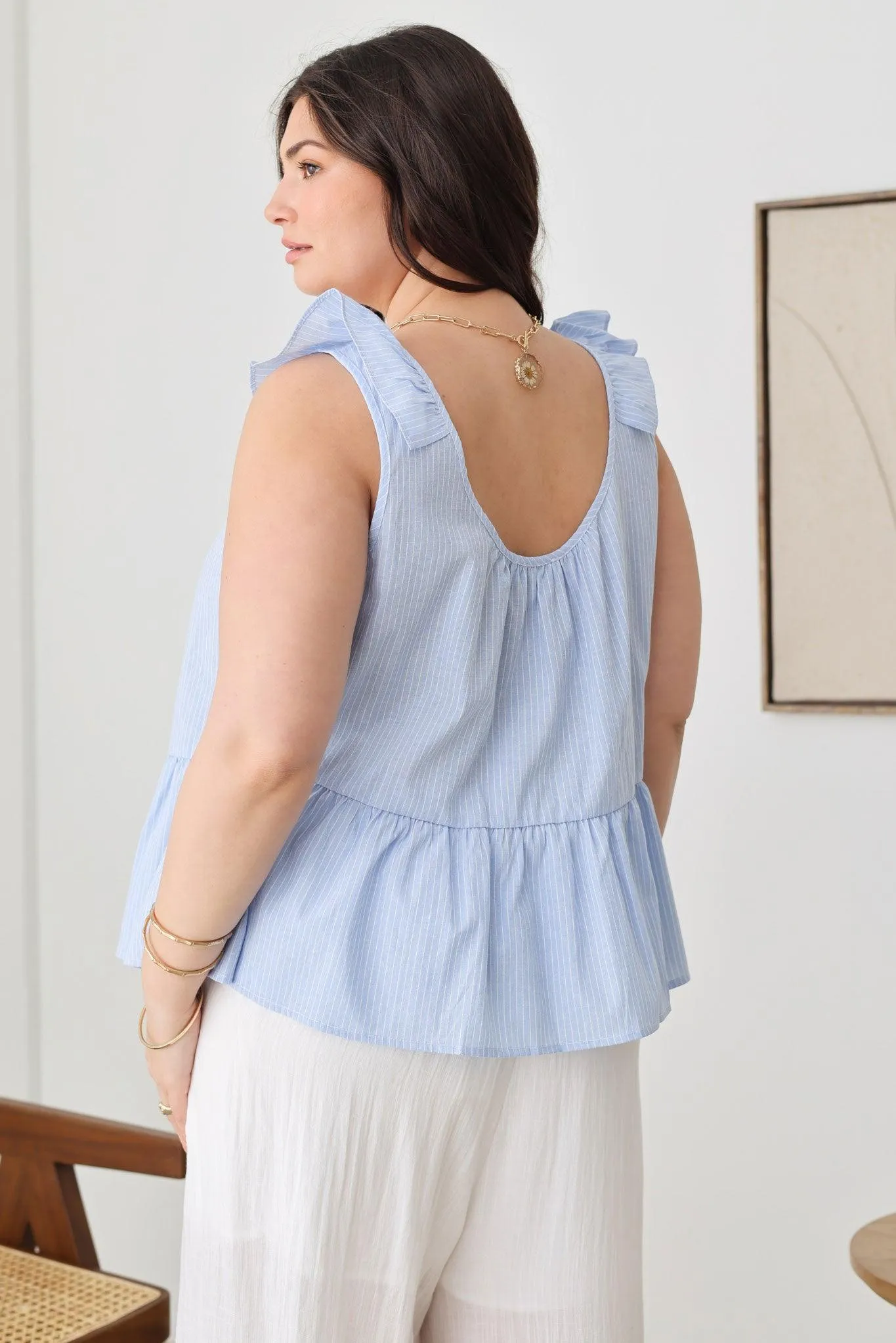 Plus Size Boho Striped Ruffle Shoulder Hemline Top