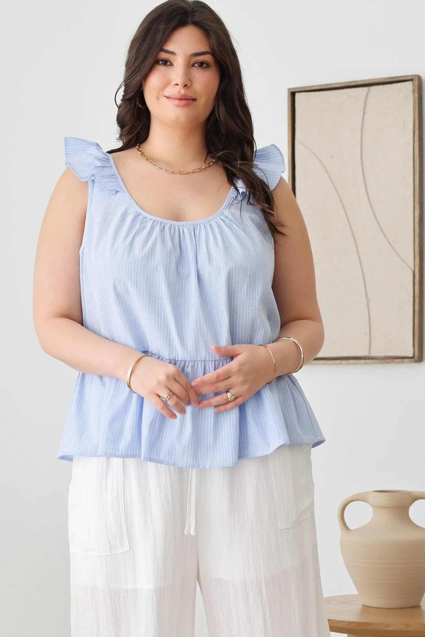 Plus Size Boho Striped Ruffle Shoulder Hemline Top