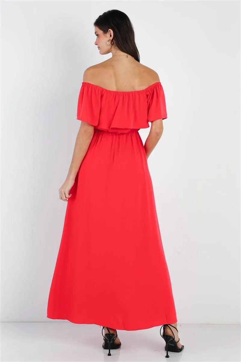 Red Off Shoulder Ruffle Maxi Dress