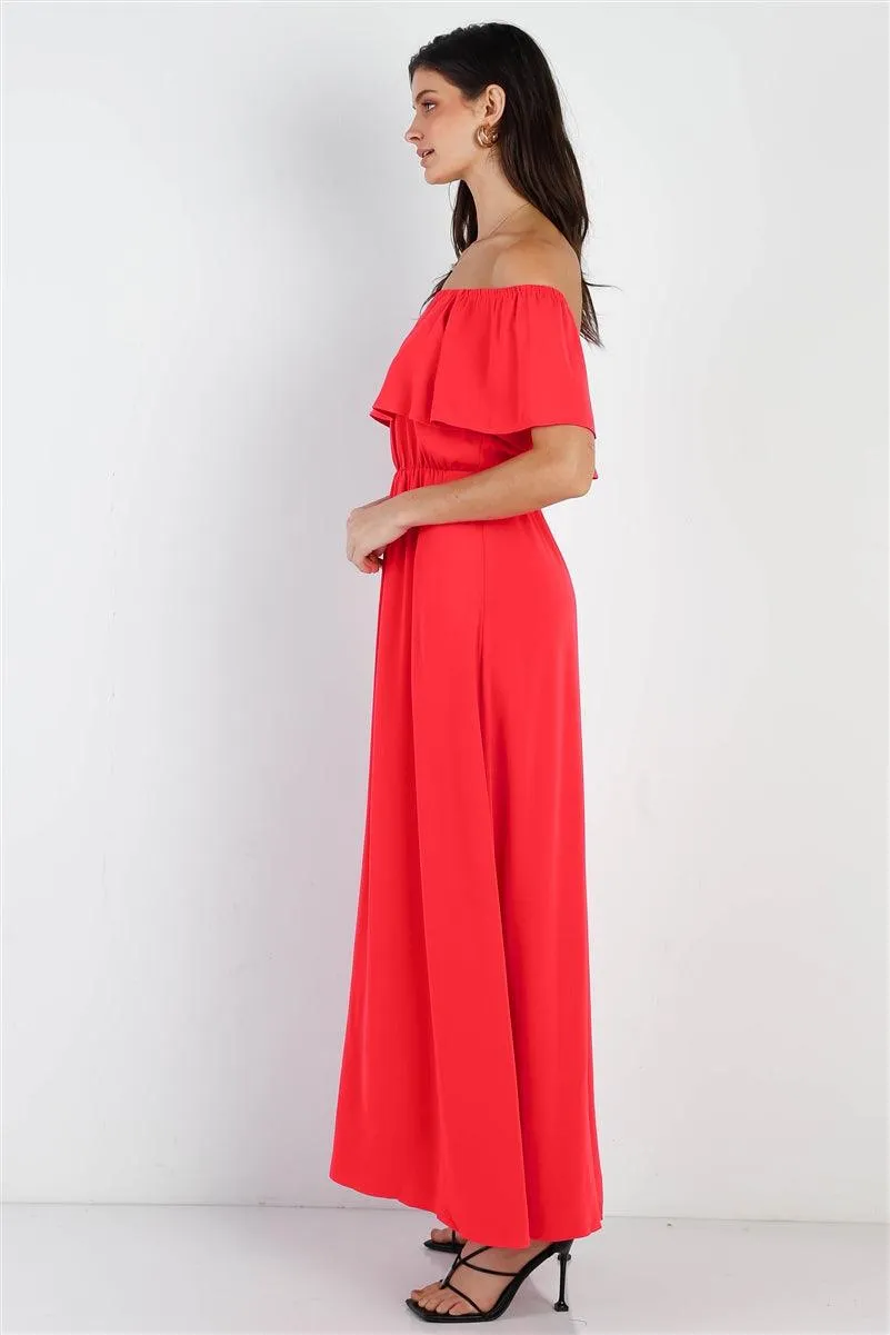 Red Off Shoulder Ruffle Maxi Dress