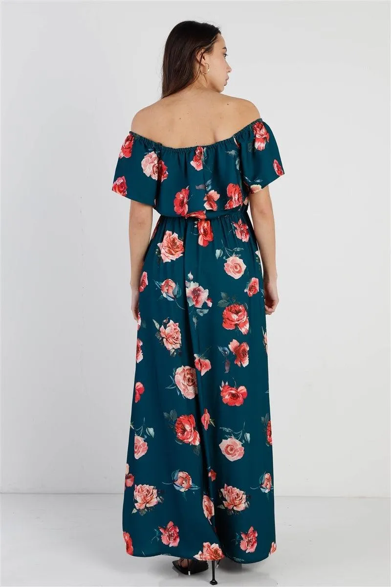 Teal Multi Floral Off Shoulder Ruffle Maxi Dress