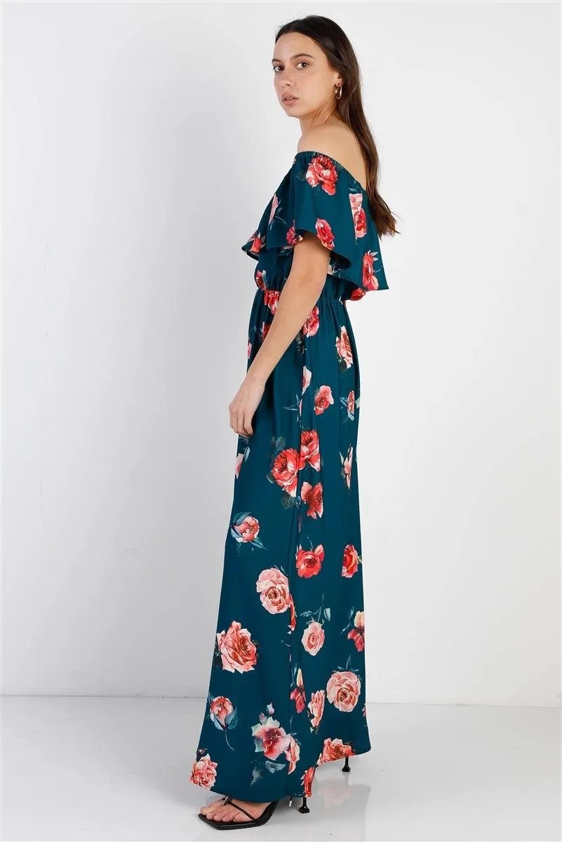 Teal Multi Floral Off Shoulder Ruffle Maxi Dress