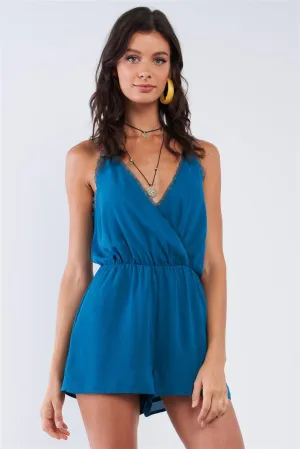 Teal Wrap Lace Hem V-Neck Sleeveless Stretchy Waist Lined Romper /1-3-3