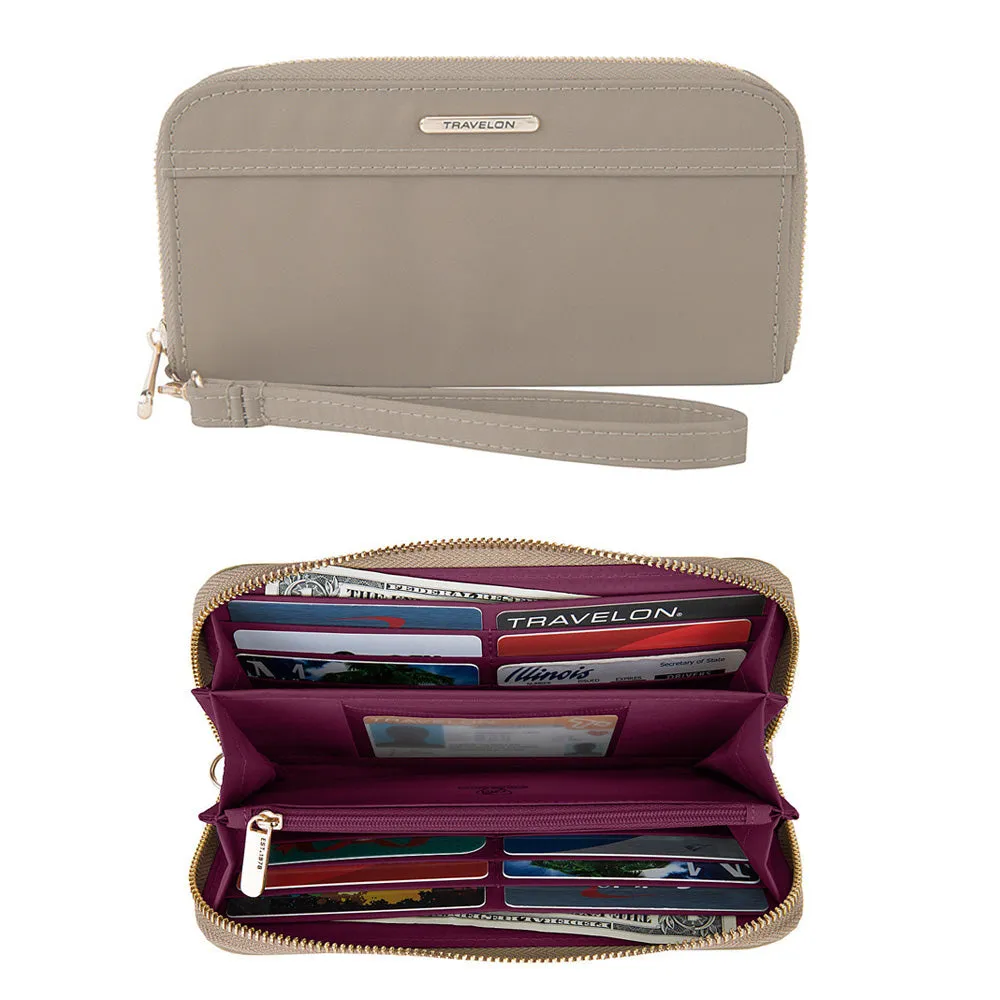 Travelon RFID Blocking Wallet Single Zip Womens Anti Theft Purse Strap Beige New