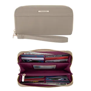 Travelon RFID Blocking Wallet Single Zip Womens Anti Theft Purse Strap Beige New