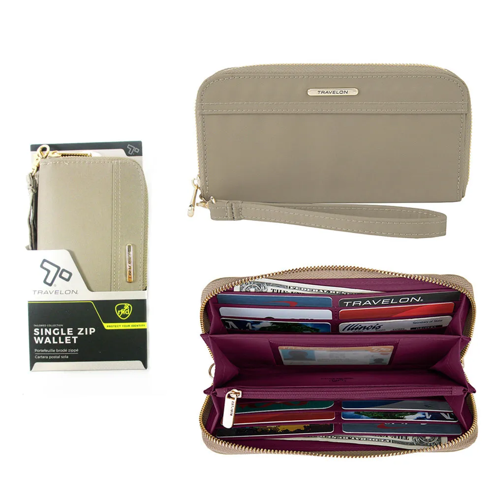 Travelon RFID Blocking Wallet Single Zip Womens Anti Theft Purse Strap Beige New